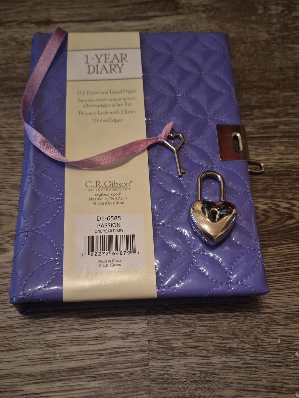 Gibson Purple Quilted Diary with Heart Lock and Key